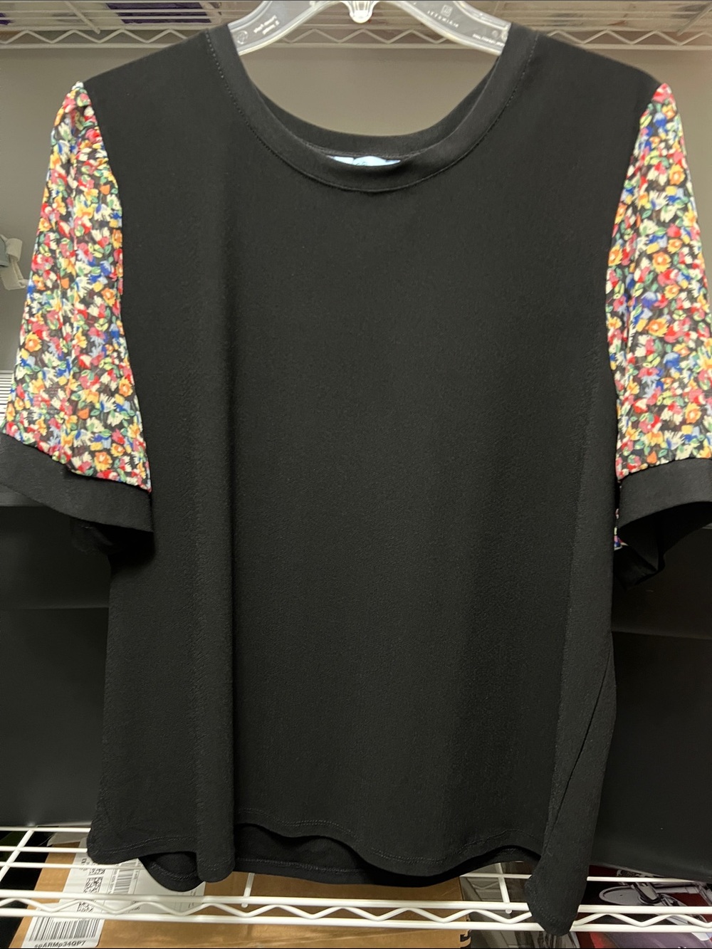 CeCe Black Tee with Multicolor Floral Short Sleeves